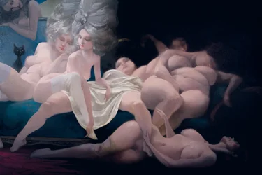 La joven novia y sus amigos (detalle), de Barba Azul por Charles Perrault