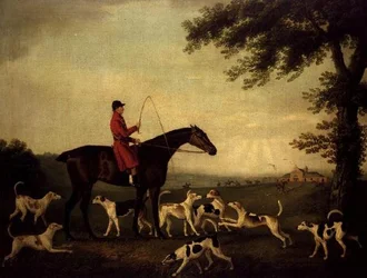 Cazador con perros en un paisaje