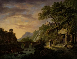 Paisaje arcádico con sol poniente