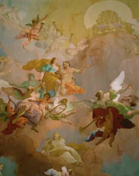 Hermes guía a Diana, diosa de la caza, al Olimpo donde Zeus ha dejado su trono para ella (fresco)