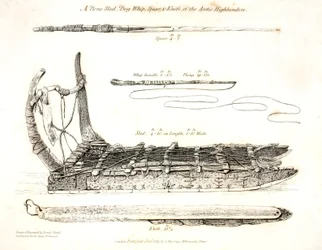 Un Trineo de Hueso, Látigo de Perro, Lanza y Cuchillo de los Highlanders Árticos, ilustración de 