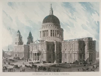 Vista sureste de la Catedral de San Pablo con figuras y carruajes afuera, Ciudad de Londres, 1818