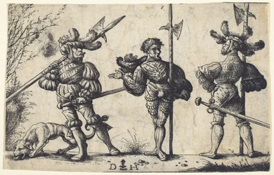 Tres soldados alemanes armados con alabardas