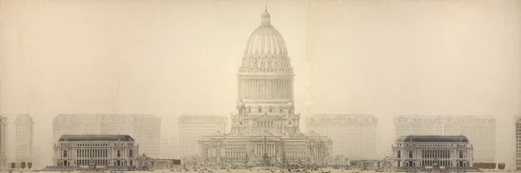 Lámina 131 de The Plan of Chicago, 1909: Chicago. Alzado del grupo de edificios que constituyen el centro cívico propuesto.