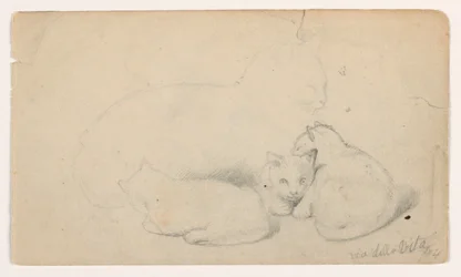 Dibujo, Gato y tres gatitos; reverso: Hombre árabe sentado recibiendo a un hombre, posiblemente según David Roberts, 1844