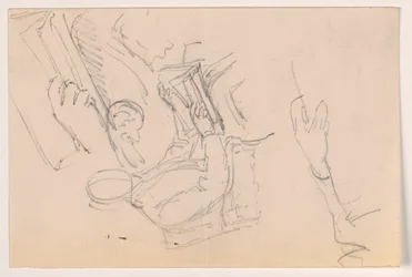 Dibujo, Robert L. Stuart, sentado, primer retrato, para el Presbytarian Hospital; estudios de brazos separados, 1881