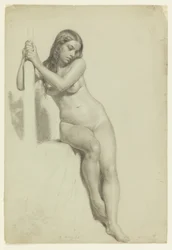 Mujer desnuda sentada en un taburete