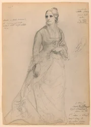 Sra. Rutherford B. Hayes de pie, con estudio separado de la mano izquierda