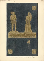 Placa de latón para Gregory Lovell y su esposa Anne, hija de David Bellingham, Iglesia de Harlington