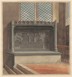 Tumba de Thomas Windsor, 1486, con placas de latón retiradas de la iglesia de Stanwell