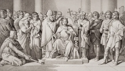 Coronación de Haroldo II (ca. 1022-66), rey de los anglosajones en el año 1066 d. C., de «Ilustraciones de la historia inglesa y escocesa», volumen I