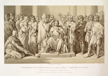 Coronación de Haroldo, rey de los anglosajones, grabada por W. Ridgeway