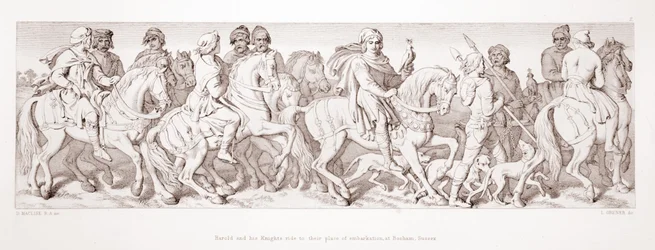 Harold y sus caballeros cabalgan hacia su lugar de embarque, en Bosham, Sussex, de 