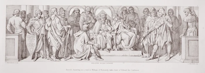 Harold, partiendo en una visita a Guillermo de Normandía, se despide de Eduardo el Confesor, de 