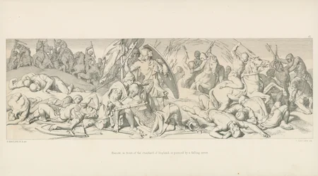 Harold, frente al Estandarte de Inglaterra, es atravesado por una flecha caída