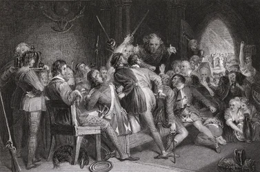 El Salón de Glennaquoich - una Fiesta de las Tierras Altas, grabado por P. Lightfoot, de 