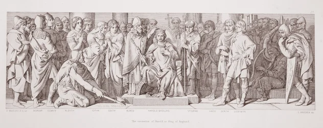 La coronación de Haroldo como rey de Inglaterra, de «La historia de la conquista normanda», grabada por L. Gruner, 1866