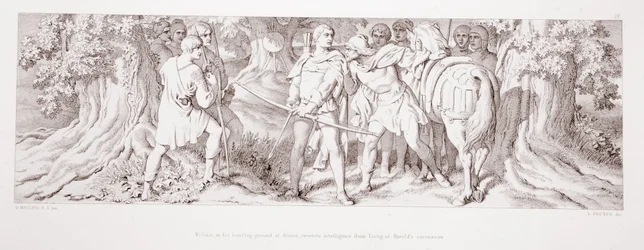 Guillermo, en su coto de caza cerca de Ruan, recibe de Tostig la noticia de la coronación de Haroldo, de «La historia de la conquista normanda», grabado por L. Gruner, 1866