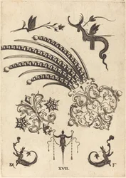 Dos broches con dragón e insectos en la parte superior y seres humanos con colas semejantes a serpientes en la parte inferior