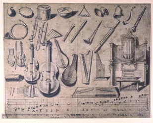 Varios instrumentos musicales: percusión, cuerda y viento, el órgano, siglo XX (grabado en color)