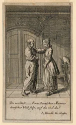 Un padre o tutor hablando con una niña, ilustración de la obra "Nicht mehr als sachs Schuesseln" de Fredrich Wilhelm Grossman en "Königl: Grosbrit [anische] Genealogischer Kalender auf das 1782 Jahr Lauenberg bey J.G. Berenberg"