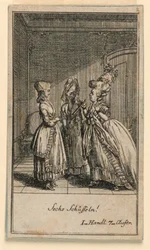 Una Mujer Anciana Regañando a una Chica, Ilustración de la Obra "Nicht mehr als sachs Schuesseln" de Fredrich Wilhelm Grossman en "Königl: Grosbrit [anische] Genealogischer Kalender auf das 1782 Jahr Lauenberg bey J.G. Berenberg"