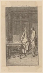 Bunkel en la biblioteca de la señorita Henriette Noel, lámina 1 de «Vida, observaciones y opiniones de Johann Bunkel»