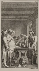 El perro del esquilador lame el agua teñida, de un recipiente roto bajo la mesa, alrededor de la cual se sientan 4 campesinos, y 3 están de pie, fumando tabaco y bebiendo. ob. III, p. 61.