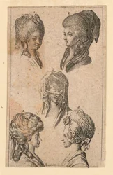 Cinco tocados, como los usan las mujeres de Berlín, ilustración para "Königl: Grosbrit [anische] Genealogischer Kalender auf das 1782 Jahr Lauenberg bey J.G. Berenberg"