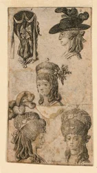 Cinco tocados para mujeres, dos fragmentos de ilustraciones para "Calendario genealógico real británico para el año 1781 Lauenberg por J.G. Berenberg"