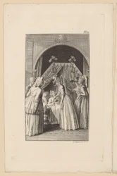 Lovelace, en la cama con dosel, toma la mano de Clarisse
