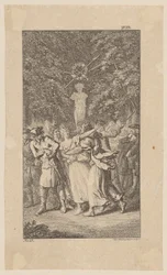 El rapto de Miss West durante una pastoral de Molière en un bosquecillo, lámina 15 de «Vida, observaciones y opiniones de Johann Bunkel»