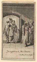 La pareja anciana terminando una visita con altivez, ilustración de la obra "Nicht mehr als sachs Schuesseln" de Fredrich Wilhelm Grossman en "Königl: Grosbrit [anische] Genealogischer Kalender auf das 1782 Jahr Lauenberg bey J.G. Berenberg"