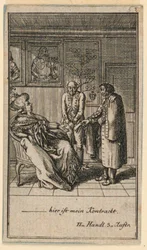 La anciana contrata a un hombre, Ilustración de la obra "Nicht mehr als sachs Schuesseln" de Fredrich Wilhelm Grossman en "Königl: Grosbrit [anische] Genealogischer Kalender auf das 1782 Jahr Lauenberg bey J.G. Berenberg"