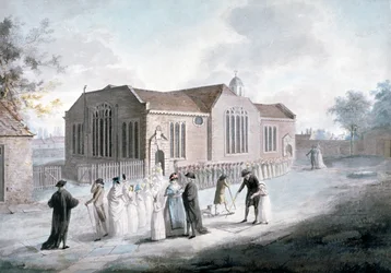 Una procesión de escolares entrando en Broadway Chapel, Westminster, Londres