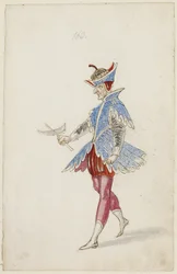 Figura masculina en un traje azul y rojo del Ballet des quatre saisons de l