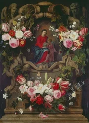 Guirnalda de flores con Madonna y Niño