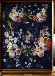 Corona de Flores con la Virgen y el Niño (Corona Floral con la Virgen y el Niño). Pintura de Daniel Seghers (1590-1661). Óleo sobre lienzo, 82 x 64 cm. Arte flamenco, arte barroco. Museo Estatal de Arte, Tula (o Tolán).
