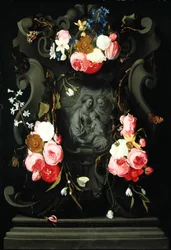 Guirnalda de flores con la Sagrada Familia, 1625-27