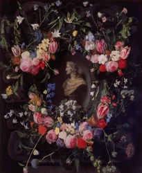 Guirnalda de flores rodeando un busto de mármol del Archiduque Leopoldo Guillermo, c.1647