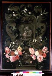 La Virgen y el niño, Santa Isabel y Juan Bautista de niño en una guirnalda de flores. Pintura de Daniel Seghers (1590-1661). Óleo sobre cobre, 84 x 61 cm