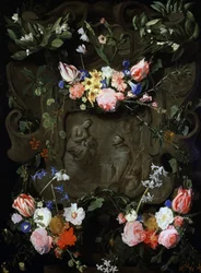 Nicho de mármol decorado con flores y que contiene una representación de la adoración de la virgen. Pintura de Daniel Seghers (1590-1661) Colección particular.