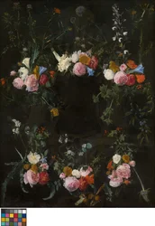 Cartela esculpida adornada con guirnaldas de flores