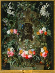 La Virgen en corona de flores (óleo sobre lienzo)