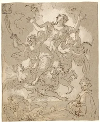 Santa Rosalía en gloria con figuras moribundas y corriendo y un hombre medio cuerpo abajo