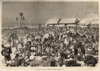 Una marcha muy animada cerca del río Congo, reuniendo a más de tres mil personas, ilustración del último diario de David Livingstone (1813-1873), en 1866-1873, publicado en “Le tour du monde” 1875, editado por Edouard Charton