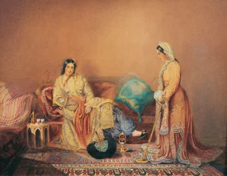 Damas griegas de los fanarios - Pintura de Daniel Valentine Riviere (1780-1854), técnica mixta sobre tabla de madera, mediados del siglo XIX, 38x