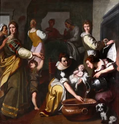 Vida de la Virgen: "El nacimiento de María" Pintura de Daniele Crespi (1598-1630) Siglo XVII Museo della Basilica di Santa Maria Assunta, Gallarate, Italia