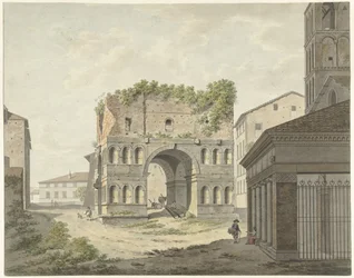 El arco de Janus quadrifons y parte de S. Giorgio in Velabro en Roma