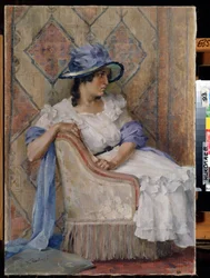 Femme en blanc (Dama de blanco). Pintura de Danill Karpovich Kraynev (1872-1949), papel sobre papel, arte moderno ruso, finales del siglo XIX-principios del siglo XX. Regional W. Wereshchagin Art Museum, Mykolaiv (Ucrania).